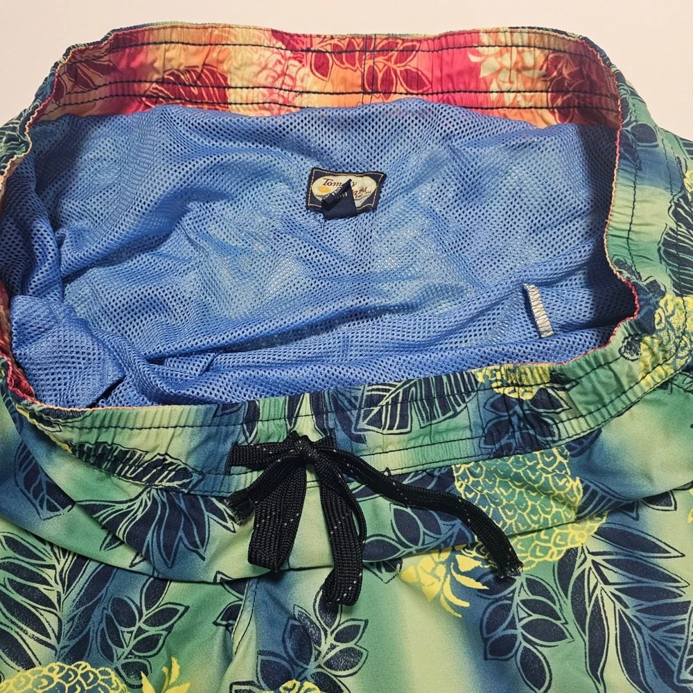Tommy Bahama Mens Blue Green Pineapple Tropical Print Swim Trunks Mesh Lined L